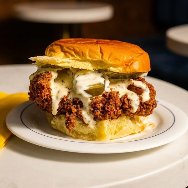 Crispy fried chicken sandwich with pickles and white sauce on a brioche bun, on a white plate.