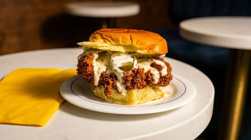 Crispy fried chicken sandwich with white sauce and pickles on a bun, on a plate with a yellow napkin.