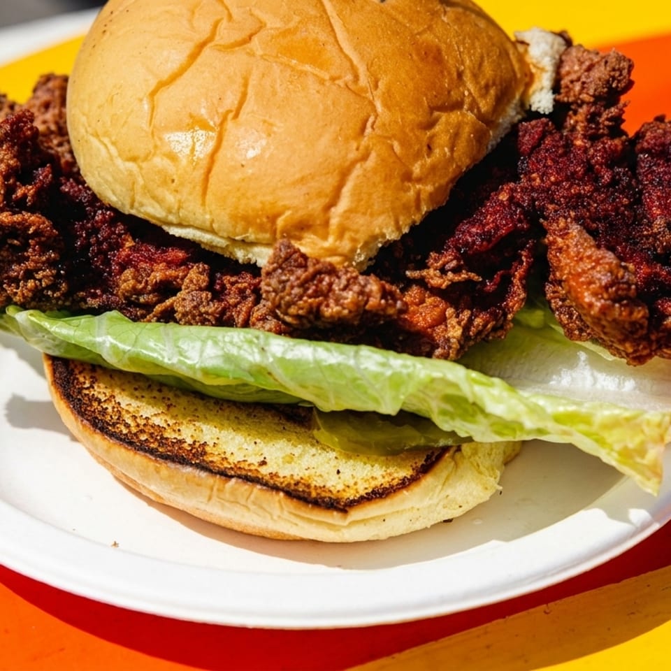 Crispy fried chicken sandwich with lettuce and pickles on a toasted bun, on a white plate.
