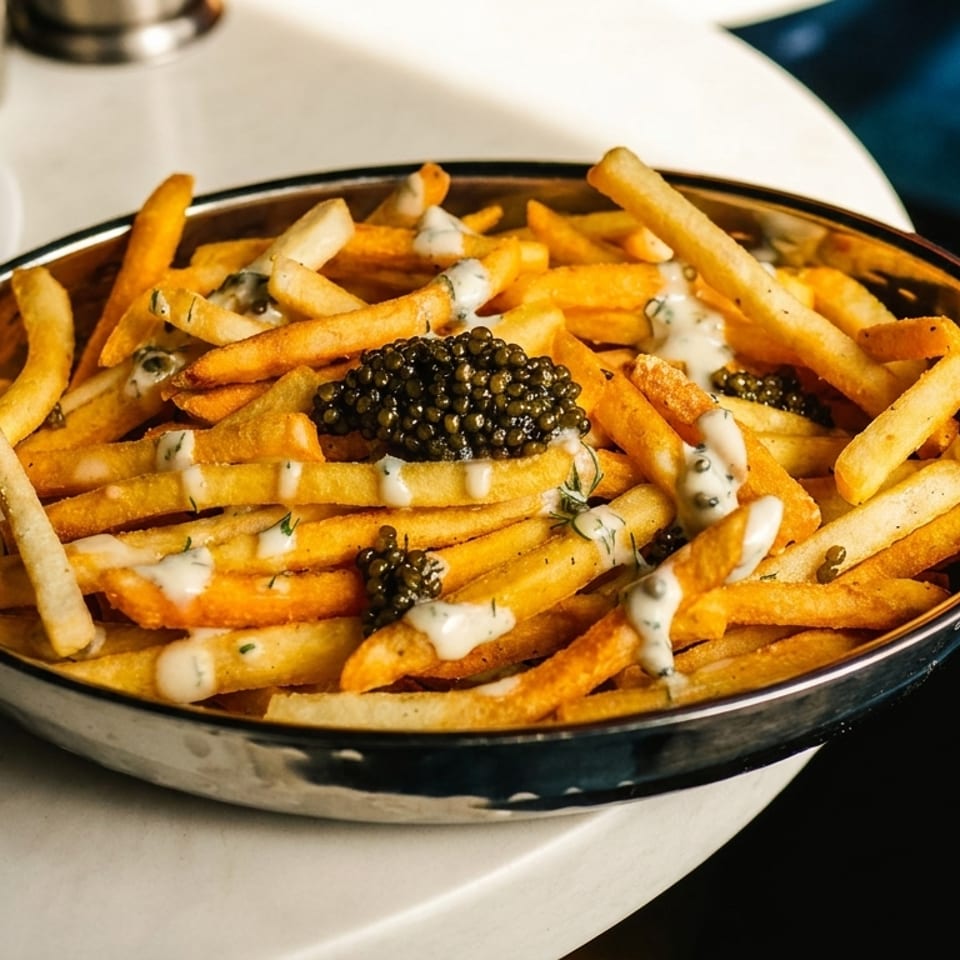 Golden fries topped with dollops of white sauce and black caviar in a metal bowl.