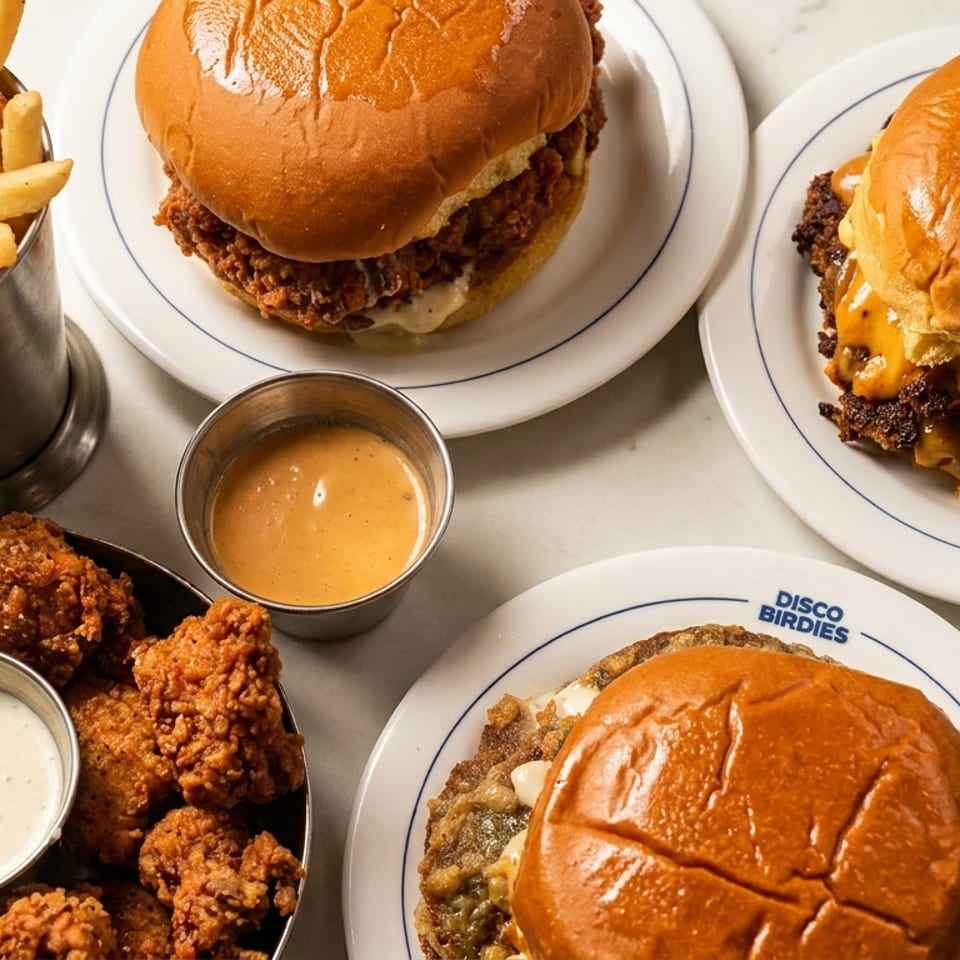 A table spread with Disco Birdies burgers, fried chicken, fries, and dipping sauces.